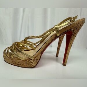 Christian Louboutin Gold Cork Cage Zeppa Platform Strappy Sandal Sz 7.5